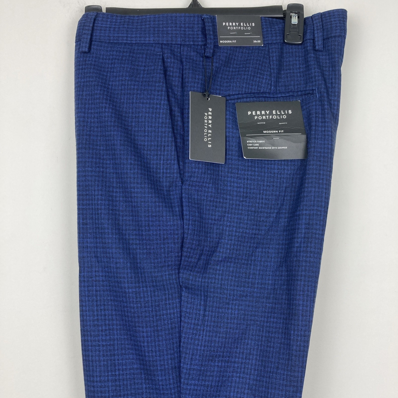 Perry Ellis Mens Modern Fit Dress Pants 34w 32l Blue Micro Plaid Stretch